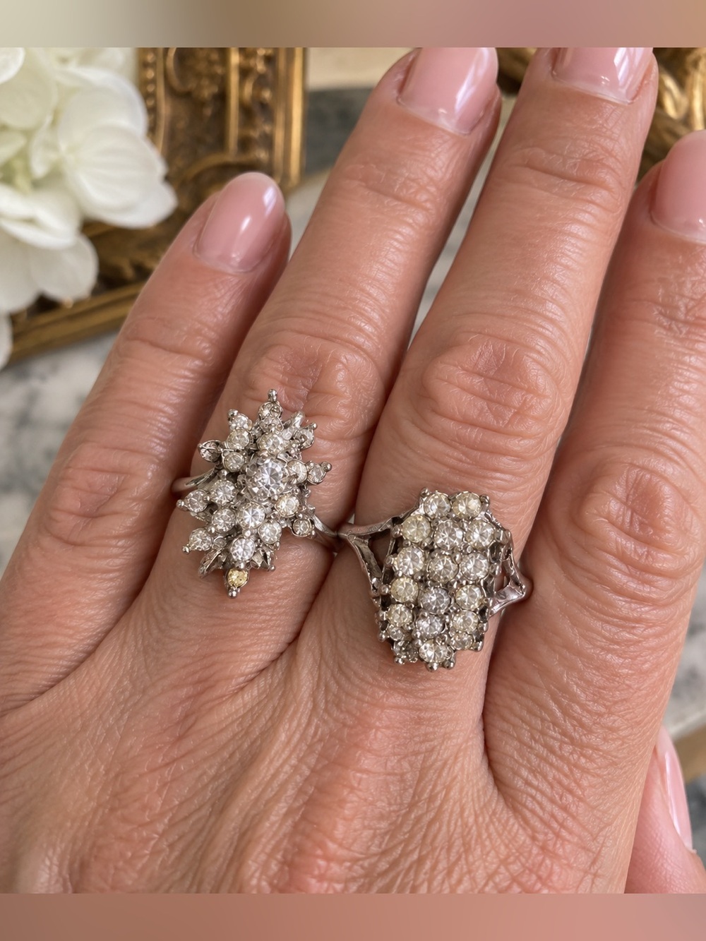 Vintage Rhinestone Cluster Cocktail Rings Set of 2 Size 8.5